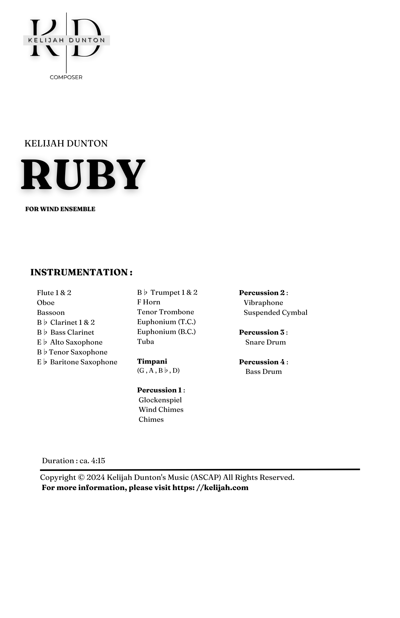Ruby (2018) For Wind Ensemble (PDF Score)